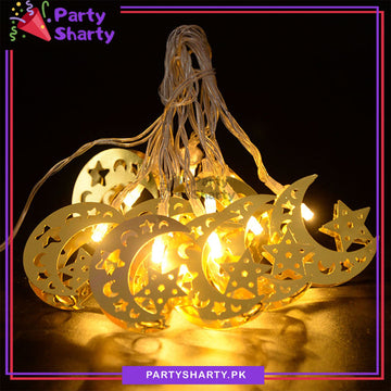 Golden Crescent With Star Shaped Metal LED String Lights For Ramadan Festival and Celebration